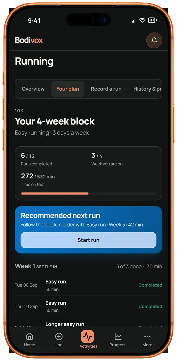 A Bodivox 10K running plan with completed runs and the next recommended run