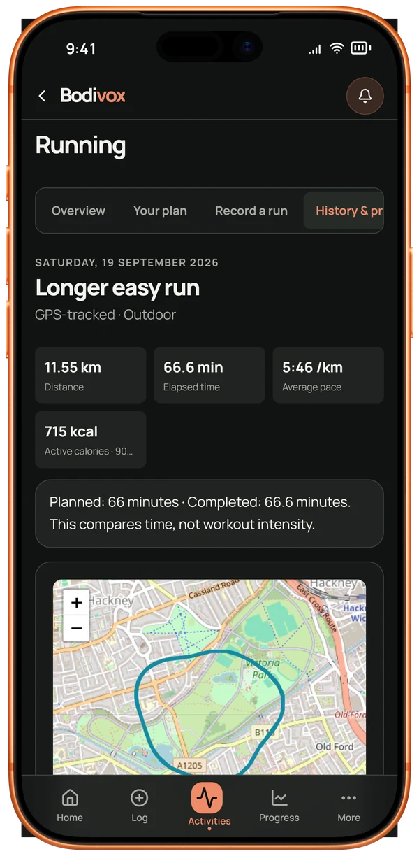 A GPS-tracked run in Bodivox with distance, pace and its route around Victoria Park