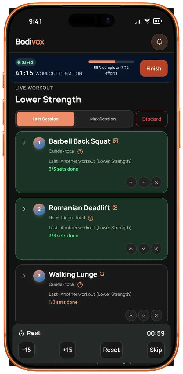 A live Bodivox workout with squats and Romanian deadlifts logged and the rest timer running