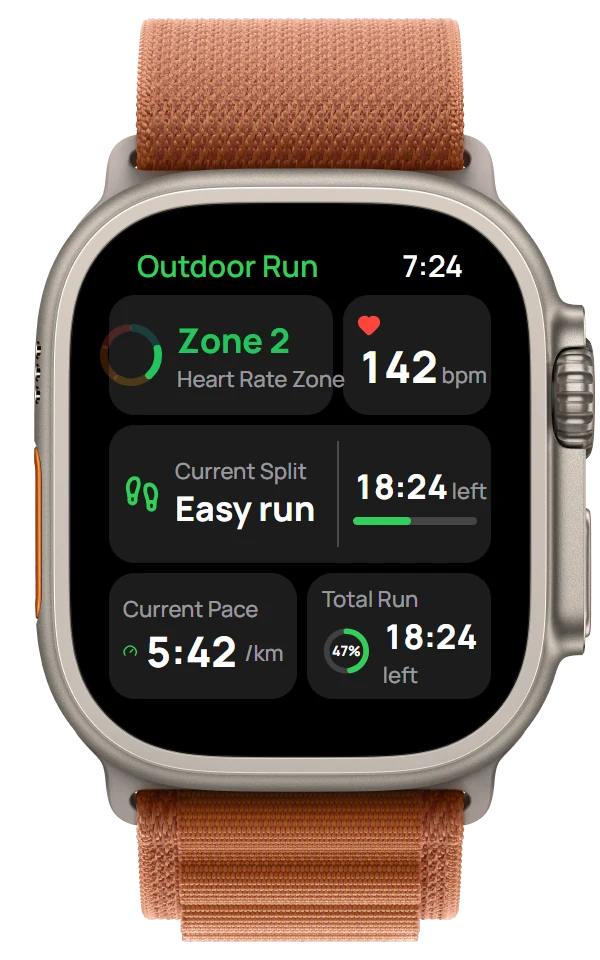 Bodivox on Apple Watch during a run, showing heart-rate zone 2, 142 bpm and a pace of 5:42 per kilometre