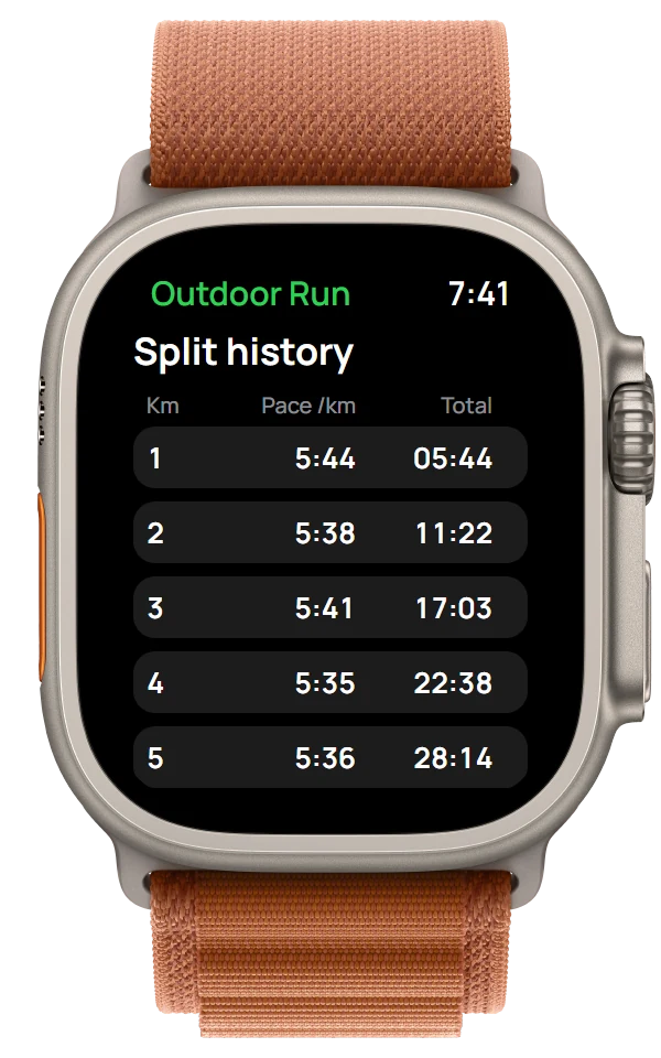 Bodivox split history on Apple Watch with five kilometre splits