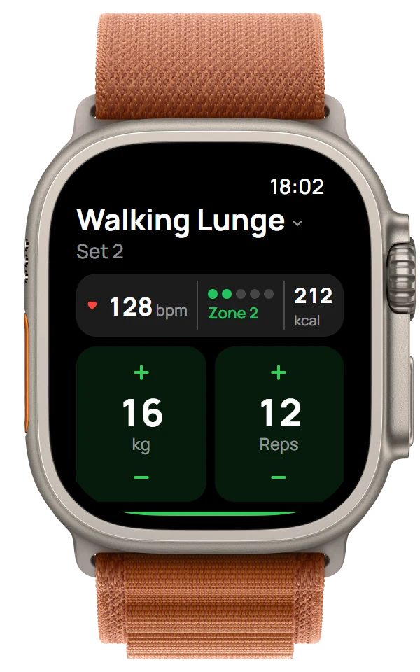 Bodivox strength screen on Apple Watch: Walking Lunge, set 2, 16 kg for 12 reps